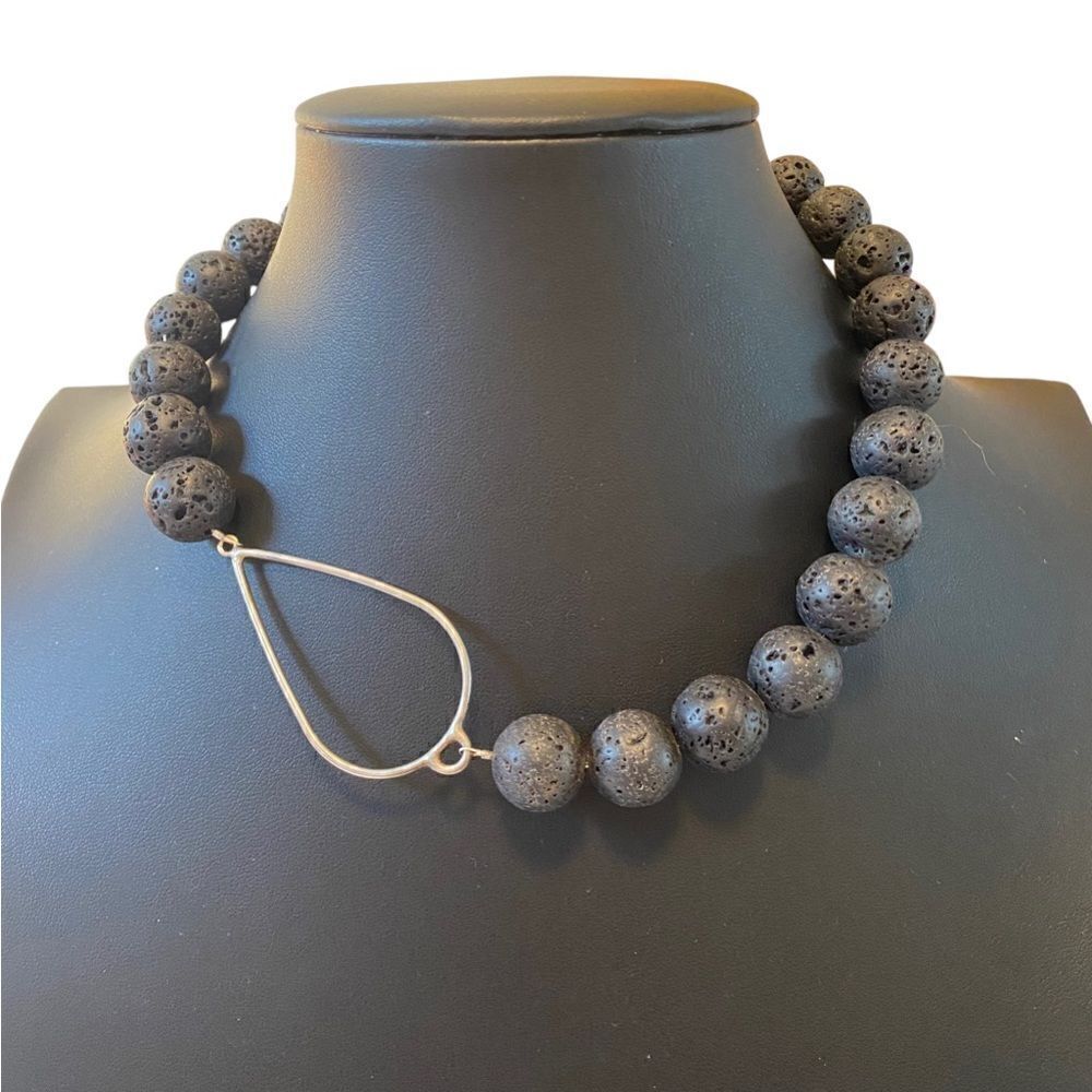 Artisan Designed & Hand Crafted Lava Rock & Sterling Silver Accent Necklace.